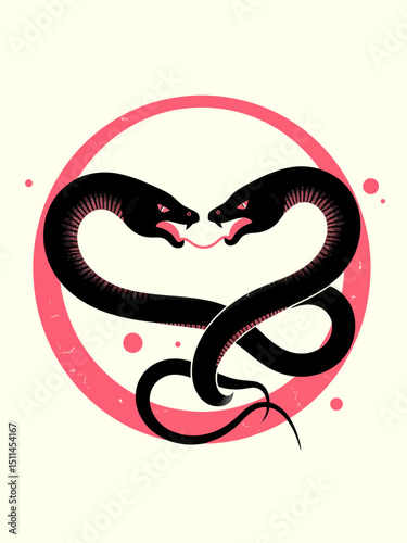 two black snakes eating their tails and knotted to fill a circular shape Ouroboros symbol silhouette 