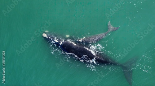Bowhead whale family swimming together in calm blue ocean water, Mother cares calf. Aerial view pod of bowhead whale spouting hug play. Whale watching of migrate Baleen whales South Africa. Shark