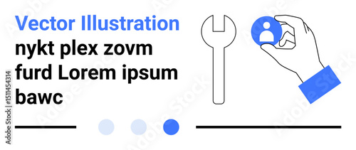 Hand holding user icon with wrench tool symbolizes customization, user management, repair. Ideal for teamwork, technical service, user settings, IT support, HR tools, customer care simple landing