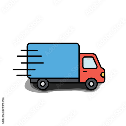 Delivery truck driving rapidly with blue cargo area in motion  