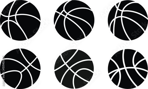 Set of black and white sport ball icons: basketball, football, tennis, soccer, baseball, golf, volleyball, rugby, bowling, and other game equipment vector illustrations