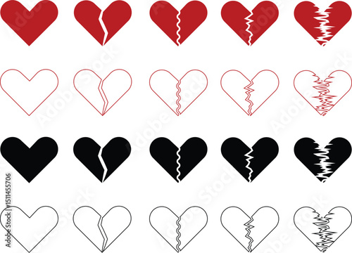Heartbreak icon set. Broken heart or divorce vector collection isolated on transparent background. Outline drawing broken red hearts line clipart breakup symbol for apps and websites