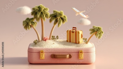 Travel adventure tropical island vibes stunning suitcase art dreamy environment eye-level view whimsical concept