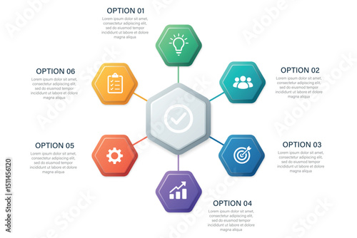 Hexagon radial infographic with six colorful business icons
