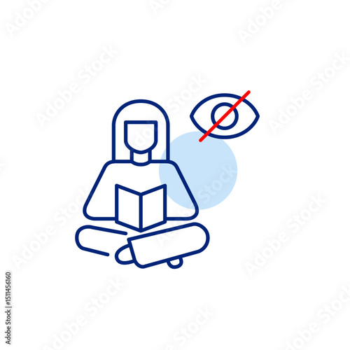 Vector icon of woman reading book with crossed-out eye, symbolizing private study, hidden knowledge, or confidential learning. Ideal for education apps, privacy settings, and reading website