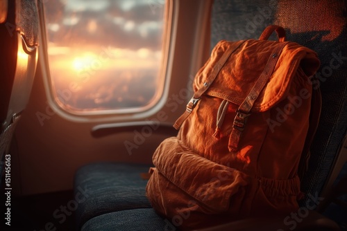 Wallpaper Mural Travel adventure sunset flight view with backpack by window airplane interior scenic warm glow Torontodigital.ca