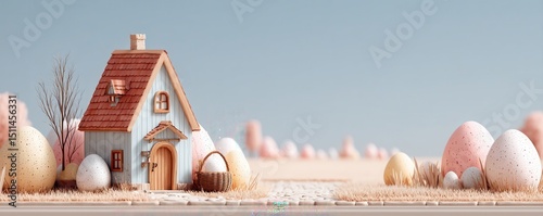 Charming easter egg house spring landscape digital art playful environment front view whimsical concept