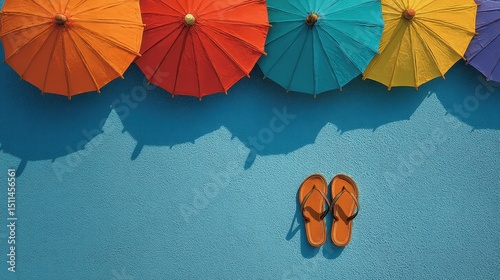 Wallpaper Mural Relaxing beach scene with colorful umbrellas and flip flops coastal paradise photo sunny atmosphere aerial view summer vibes Torontodigital.ca
