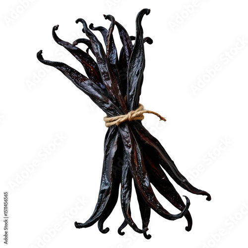 Dried vanilla beans tied with a twine, showcasing rich color and texture for culinary inspiration and recipes