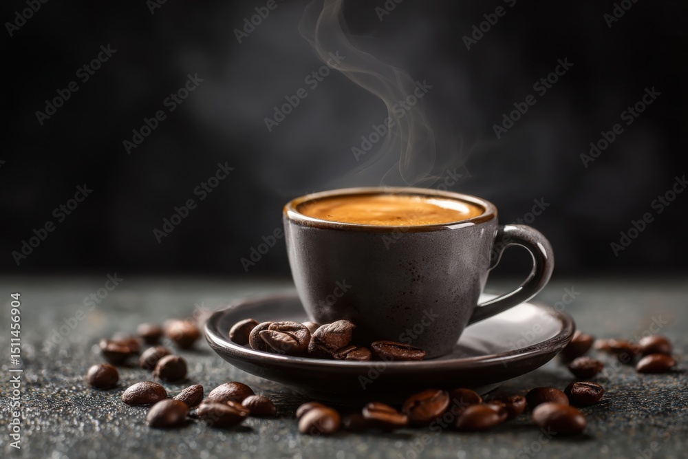 Fototapeta premium Coffee cup and coffee beans on dark background, closeup
