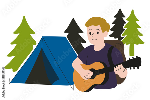 Young male tourist with guitar in his hands and backpack on his shoulders stands against  background of tent and forest trees. White background, flat style, bright colors.