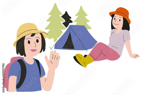 Tourist girl raised her hand in greeting to another girl who was resting sitting near her tent against backdrop of a forest. White background, flat style, bright colors.