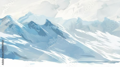 Wallpaper Mural An illustrative scenery captures a snow-laden mountain range beneath a cloudy sky. The artwork is rendered in cool tones of blue and white, enhancing the serene atmosphere of a wintry landscape. Torontodigital.ca
