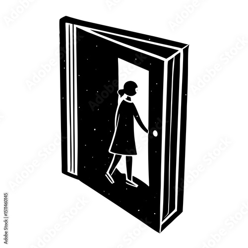 A girl walking into a book-shaped doorway