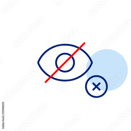 Vector icon of crossed-out eye with a cross inside a circle, symbolizing denied visibility, restricted access, or hidden content. Ideal for security apps, privacy controls, and warning