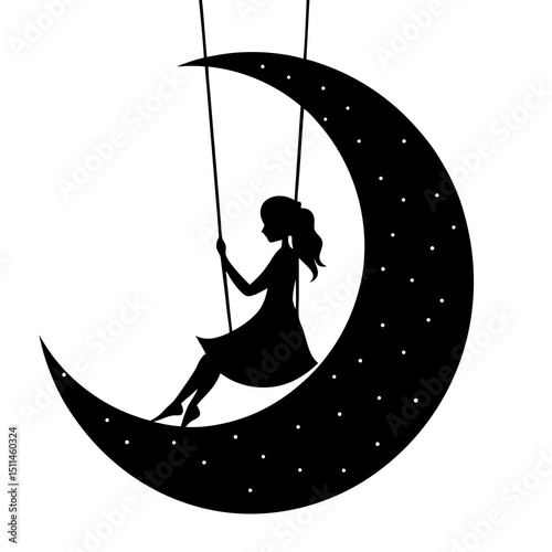 A silhouette of a girl swinging gently in front of a glowing moon