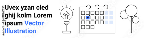 Lightbulb representing innovation next to a calendar emphasizing organization with a highlighted date and simple tree icon. Ideal for scheduling, planning, creativity, organization, time management