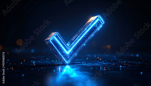A glowing blue check mark stands out against a dark background, symbolizing approval and confirmation with a futuristic design