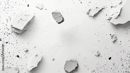 Dynamic abstract background featuring falling gypsum pieces and ink splatter effects