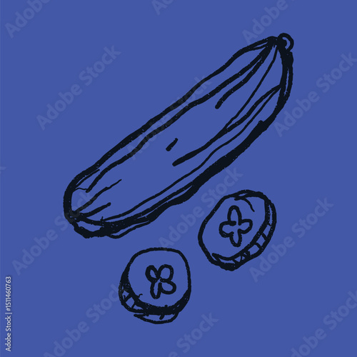 Doodle elements of fruit and vegetable, specifically a Cucumber