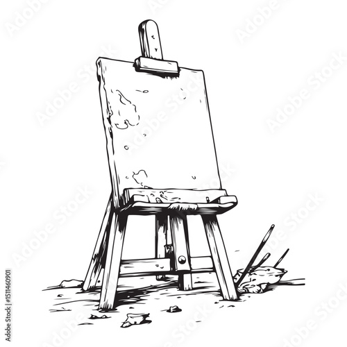 Single one line drawing paint brushes easel in paint brush container with painting canvas. A blank canvas will soon be painted with amazing art. Continuous line design graphic illustration.