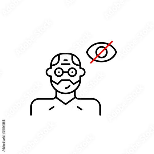 Vector icon of middle-aged man with crossed-out eye, symbolizing hidden identity, private profile, or invisible status. Ideal for social apps, privacy settings, and user interfaces