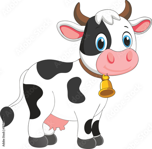 Cartoon Black and White Cow with Bell – Vector Illustration