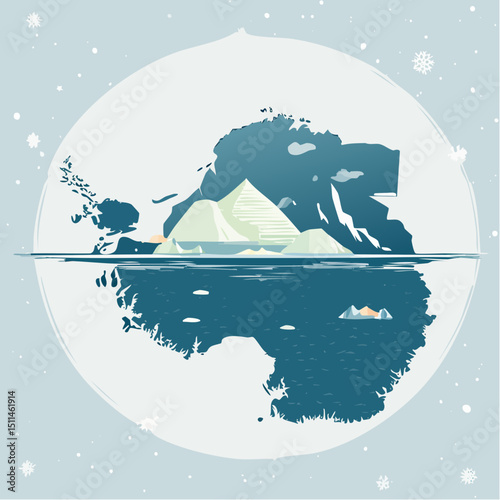 Flat vector of Antarctica in icy colors with clean design and minimal accents, representing cold climate, isolation, and natural purity.