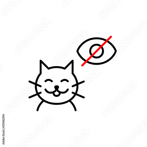 Vector icon of cat face with crossed-out eye, symbolizing hidden pet status, privacy mode, or invisible monitoring. Ideal for pet apps, smart devices, and privacy settings