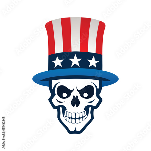 skull wearing patriotic top hat illustration isolated on white background.

