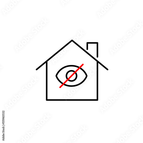 Vector icon of house with crossed-out eye, representing confidential home information, restricted access, or concealed ownership. Ideal for housing platforms, insurance apps, and privacy