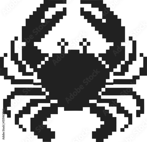 Pixelated crab illustration black and white retro gaming style, digital art, blocky sea creature
