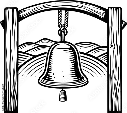 vintage bell ringing with mountain landscape rustic wooden frame for countryside charm and tranquility