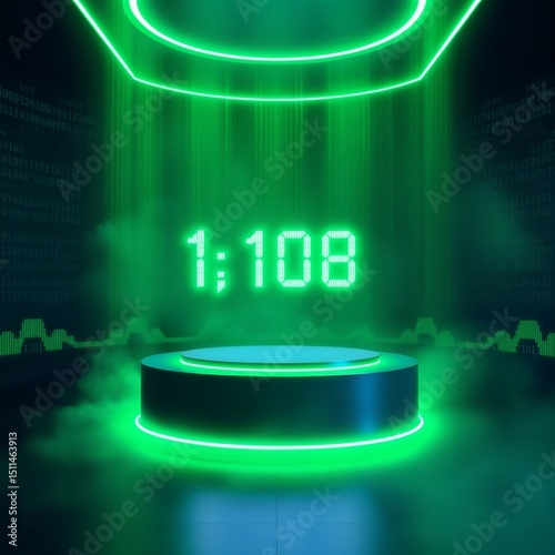 levitating disc-shaped podium surrounded by spinning binary digits in green neon light, with low-hanging green fog and digital waveforms on the walls. Cyber-hacker aesthetic with depth and realism