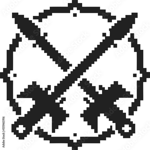 pixel art sword and shield emblem, monochrome retro gaming symbol, vintage 8 bit design