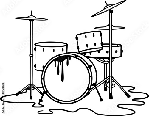 drum kit with melting design unique dripping effect, black and white illustration of musical instruments