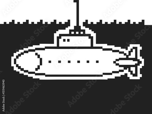 pixelated submarine illustration in monochrome sea design