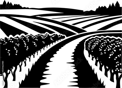 scenic rural landscape with orchard trees and rolling hills in black and white illustration