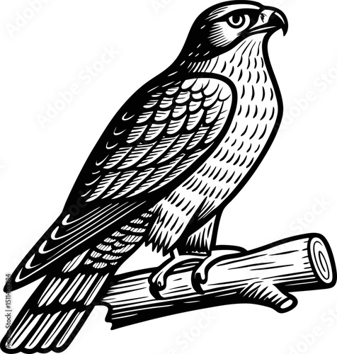 Monochrome hawk illustration, detailed bird of prey on branch, vintage art design