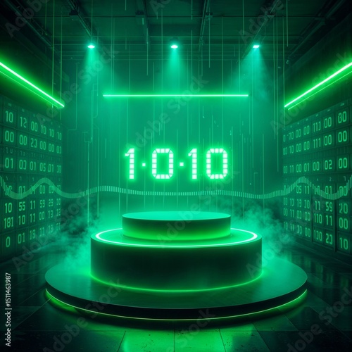 levitating disc-shaped podium surrounded by spinning binary digits in green neon light, with low-hanging green fog and digital waveforms on the walls. Cyber-hacker aesthetic with depth and realism