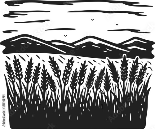 Scenic wheat field with mountains and sky, black and white nature landscape