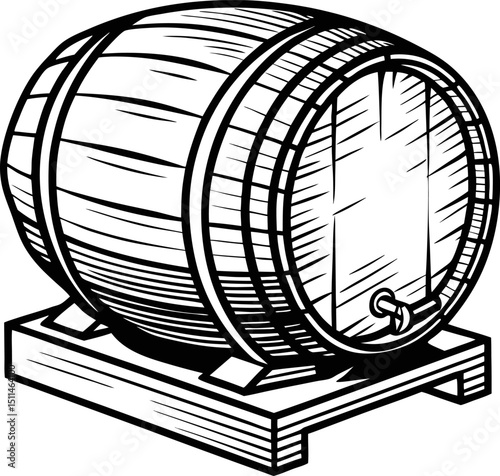 Wooden barrel illustration with detailed staves and metal hoops on a stand