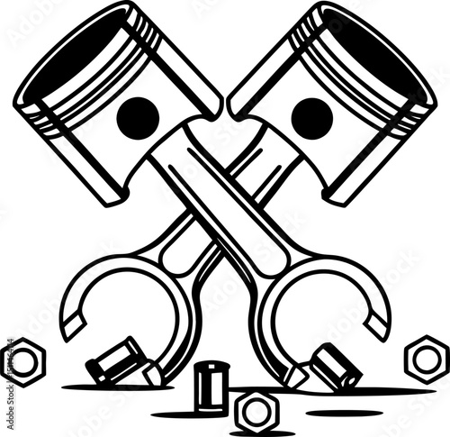 Crossed pistons and wrenches with nuts and bolts mechanical engineering, automotive repair illustration