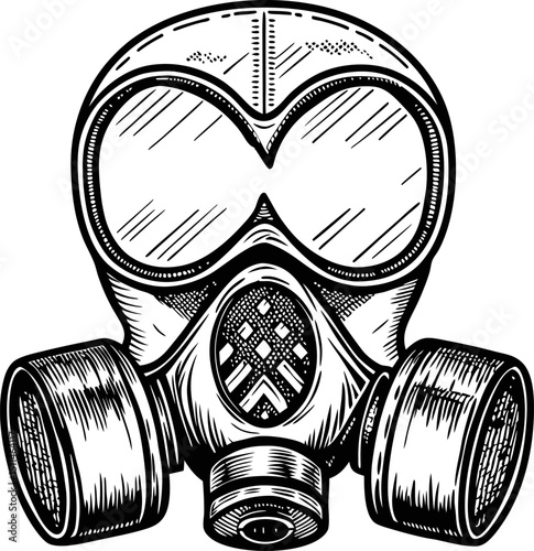 Detailed black and white gas mask illustration with filters and large goggles