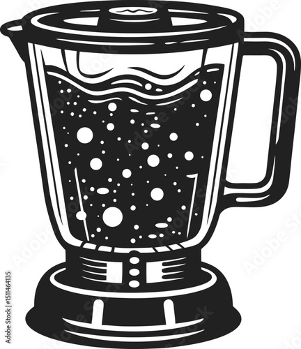 retro blender illustration with bubbles vintage kitchen appliance design, black and white