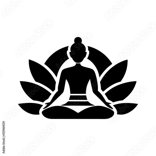 Silhouette of woman meditating in lotus position with lotus flower