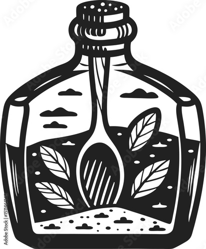 vintage spoon and leaves illustration inside a glass bottle with nature elements, black and white