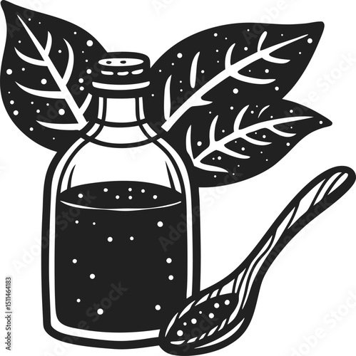 Herbal tonic bottle and spoon with leaves natural remedy and healing concept