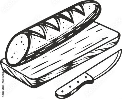 hand drawn bread loaf on cutting board with knife rustic illustration, bakery and culinary art design