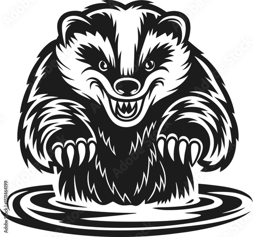 Fierce badger illustration with aggressive pose, monochrome art design
